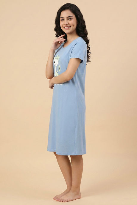 Zivame Farm Lore Knit Cotton Knee Length Nightdress With In Built Slip On Bra - Glaciar Lake — image 2